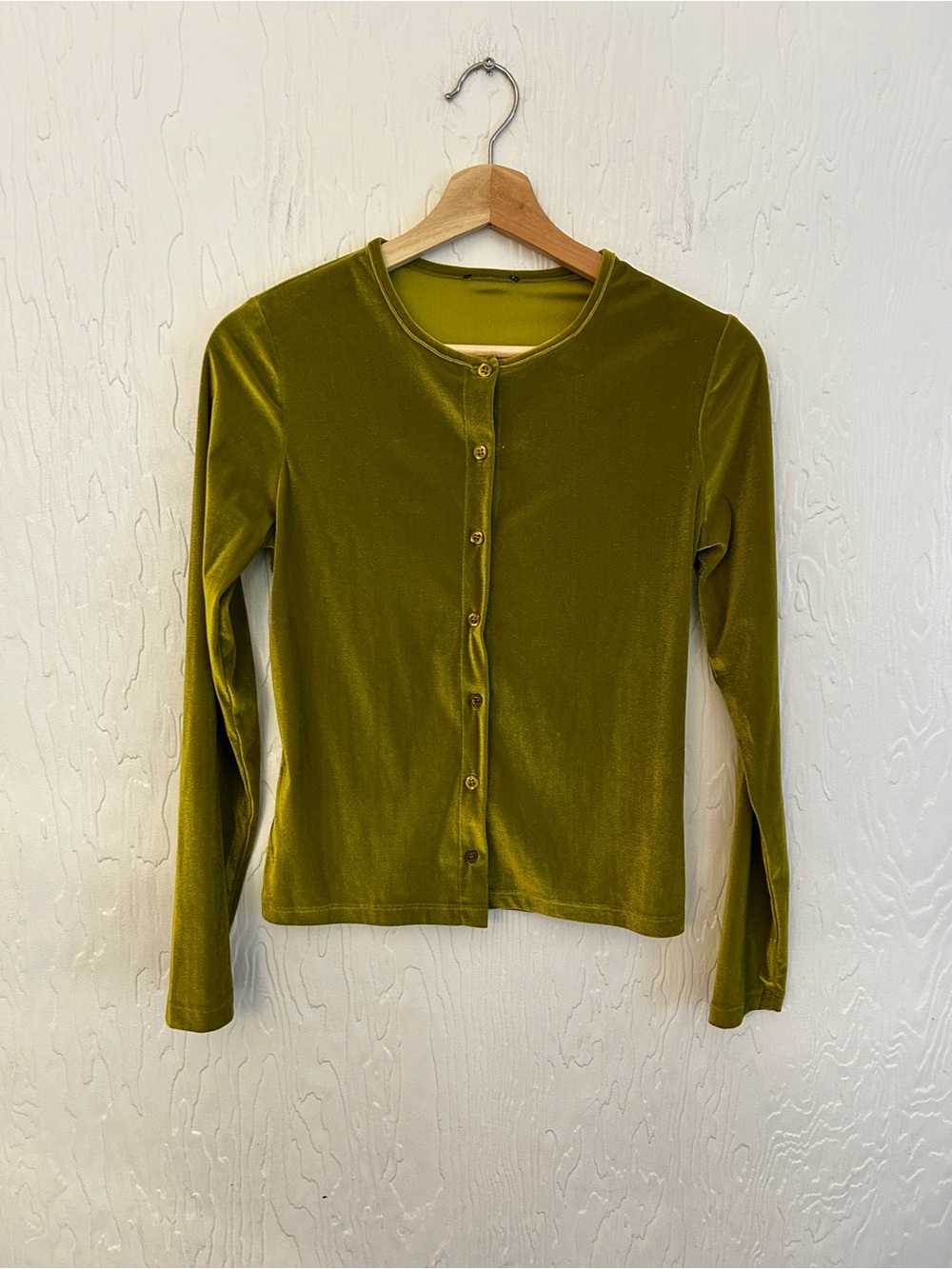 Velvet Chartreuse Button Front Cardigan Small Crewneck 90s Y2K Layering Autumn